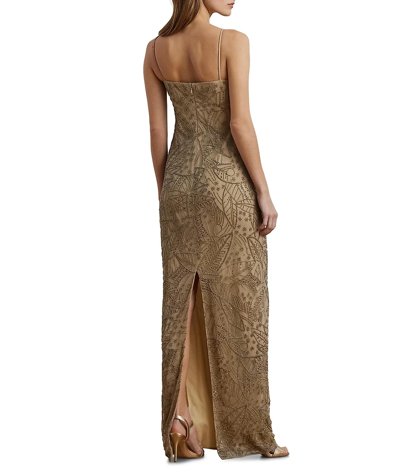 Lauren Ralph Lauren Mesh Beaded Palm Print Square Neck Sleeveless Column Gown