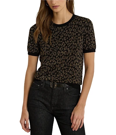Lauren Ralph Lauren Metallic Animal Jacquard Motif Crew Neck Short Sleeve Sweater
