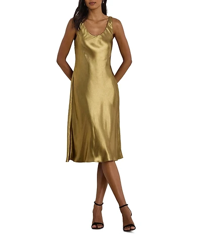 Lauren Ralph Lauren Metallic Chiffon Scoop Neck Sleeveless A-Line Dress