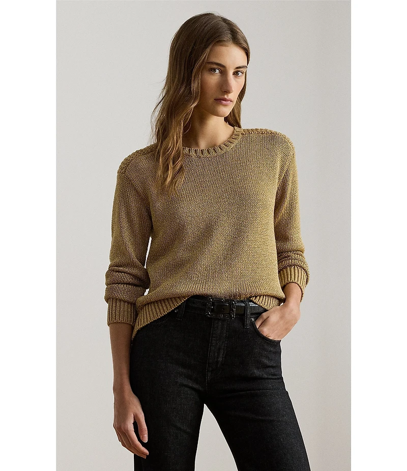 Lauren Ralph Lauren Metallic Cotton Blend Crew Neck Long Sleeve Sweater