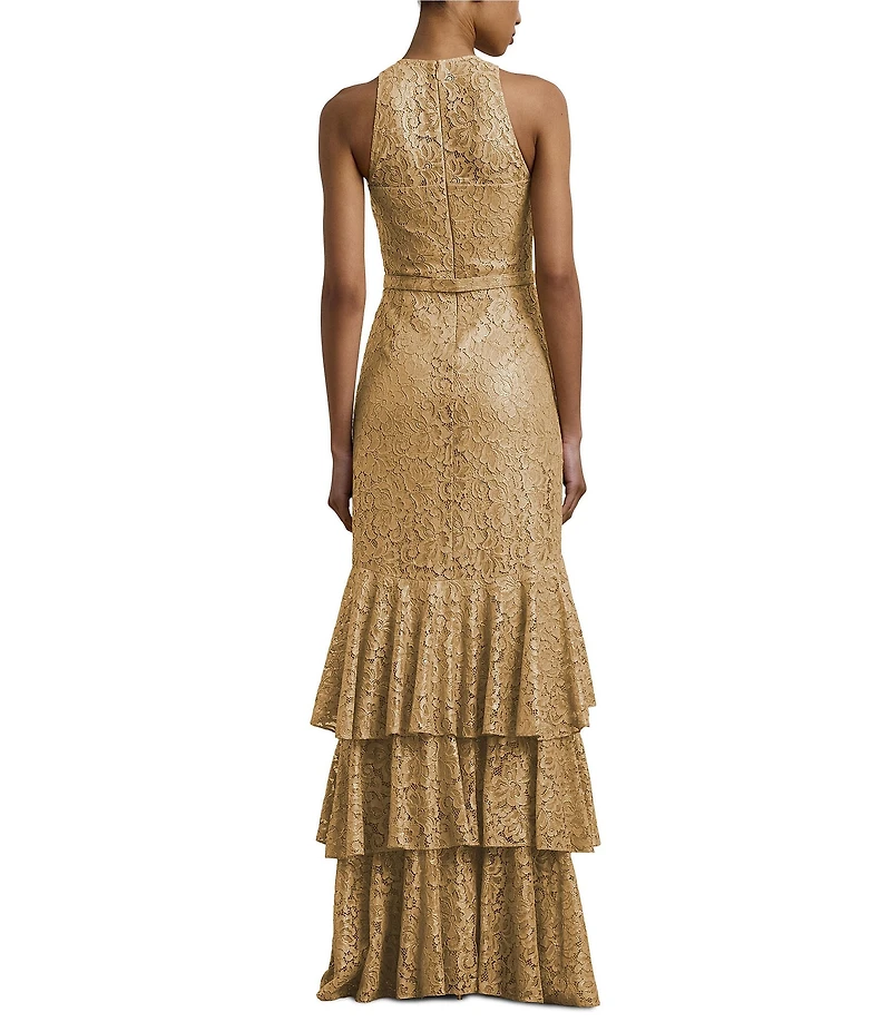 Lauren Ralph Lauren Metallic Lace Round Neck Sleeveless Belted Tiered Gown