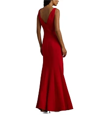 Lauren Ralph Lauren Mirhilt Double Faced Crepe Boat Neck Sleeveless V-Back Mermaid Gown