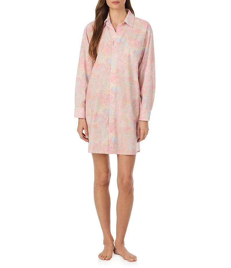 Lauren Ralph Lauren Multi Paisley Long Roll Tab Sleeve Notch Collar Woven Sleepshirt