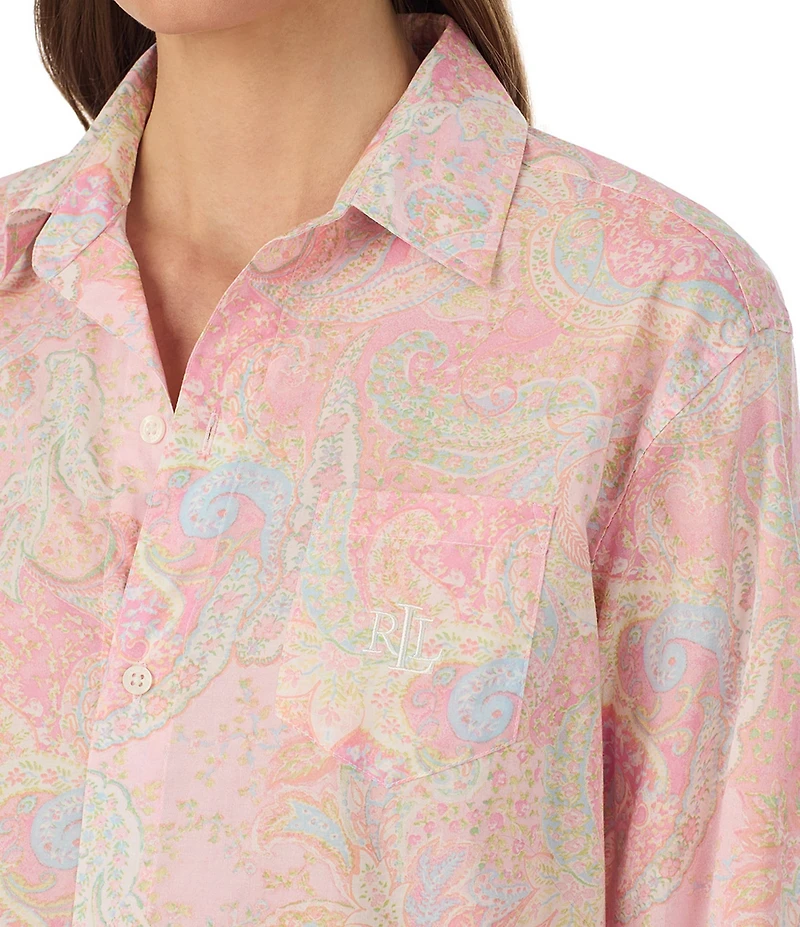 Lauren Ralph Lauren Multi Paisley Long Roll Tab Sleeve Notch Collar Woven Sleepshirt