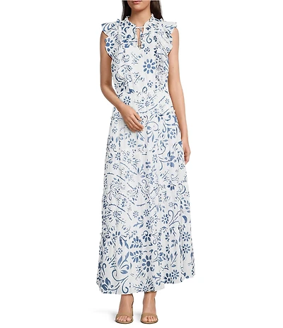 Lauren Ralph Lauren Narellea Cotton Voile Floral V-Neck Short Flutter Sleeve A-Line Tiered Ruffle Trim Maxi Dress