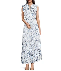 Lauren Ralph Lauren Narellea Cotton Voile Floral V-Neck Short Flutter Sleeve A-Line Tiered Ruffle Trim Maxi Dress