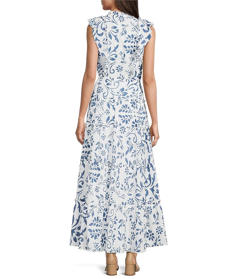 Lauren Ralph Lauren Narellea Cotton Voile Floral V-Neck Short Flutter Sleeve A-Line Tiered Ruffle Trim Maxi Dress
