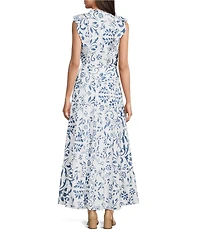 Lauren Ralph Lauren Narellea Cotton Voile Floral V-Neck Short Flutter Sleeve A-Line Tiered Ruffle Trim Maxi Dress