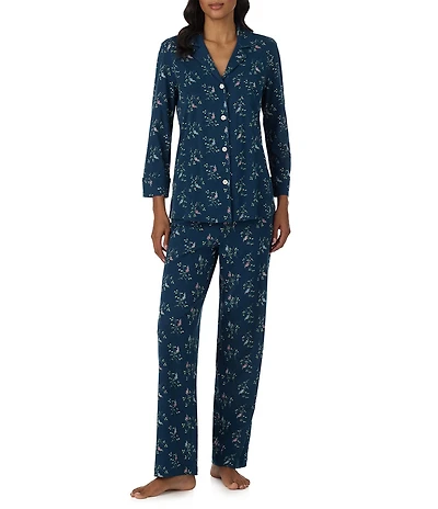 Lauren Ralph Lauren Navy Floral Print 3/4 Sleeve Notch Collar Pant Pajama Set