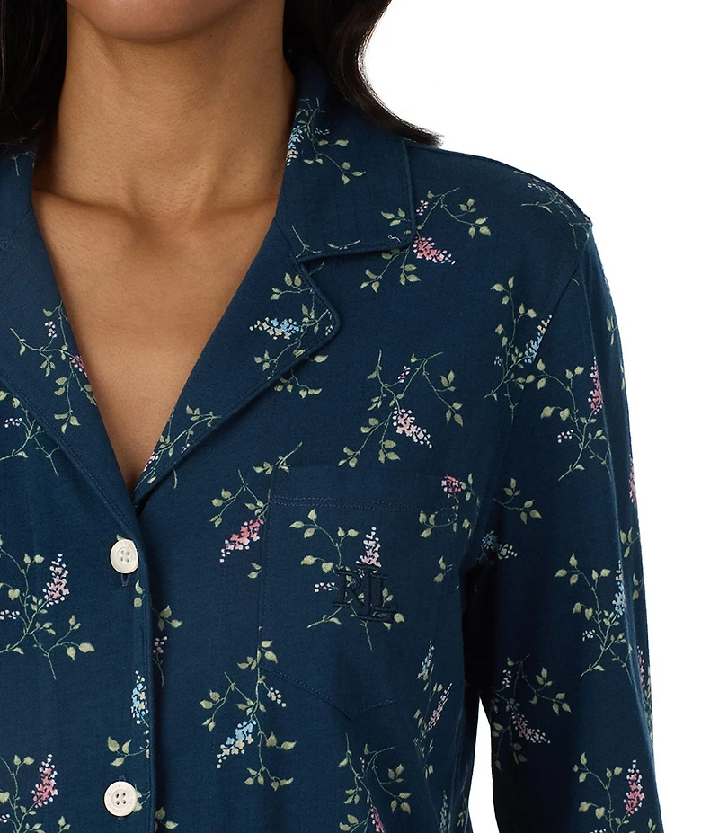 Lauren Ralph Lauren Navy Floral Print 3/4 Sleeve Notch Collar Pant Pajama Set
