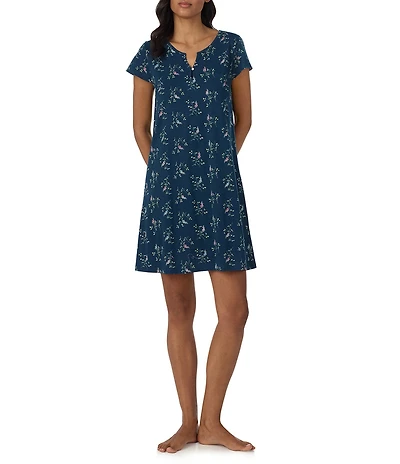 Lauren Ralph Lauren Navy Floral Print Short Flutter Sleeve Split V-Neck Textured Knit Nightgown