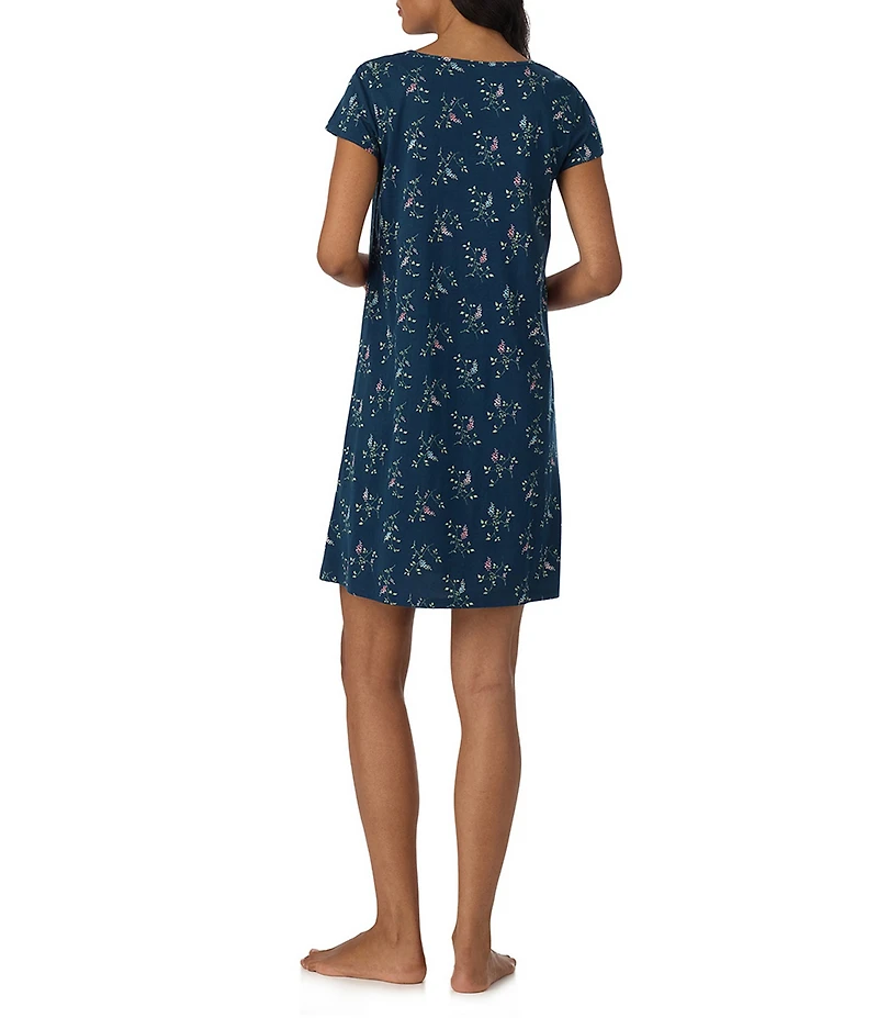 Lauren Ralph Lauren Navy Floral Print Short Flutter Sleeve Split V-Neck Textured Knit Nightgown