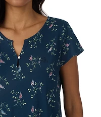 Lauren Ralph Lauren Navy Floral Print Short Flutter Sleeve Split V-Neck Textured Knit Nightgown