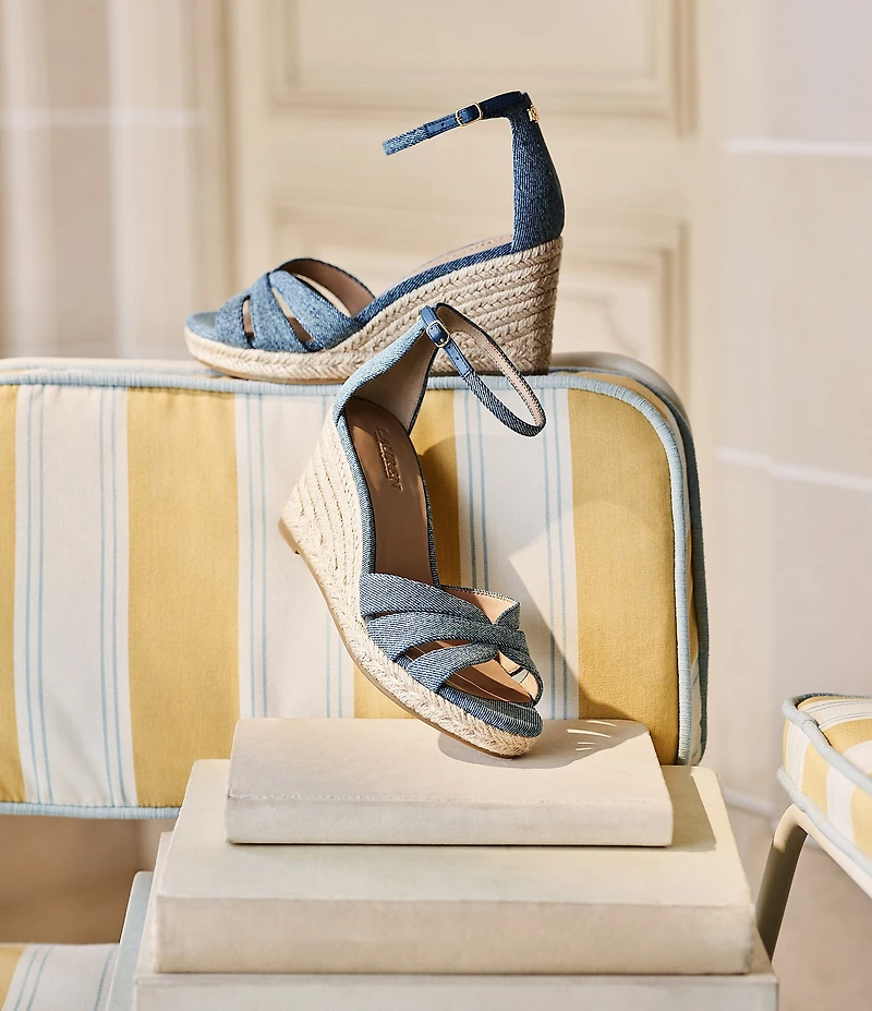 Lauren Ralph Lauren Nellie Washed Denim Ankle Wrap Wedge Espadrille Sandals