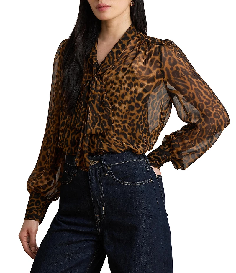 Lauren Ralph Lauren Petite Size Ocelot-Print Chiffon Tie-Neck Long Sleeve Blouse