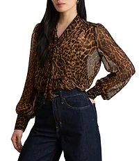 Lauren Ralph Lauren Petite Size Ocelot-Print Chiffon Tie-Neck Long Sleeve Blouse