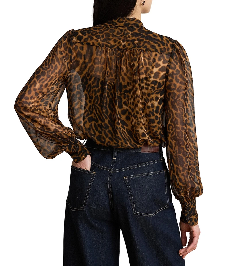 Lauren Ralph Lauren Petite Size Ocelot-Print Chiffon Tie-Neck Long Sleeve Blouse
