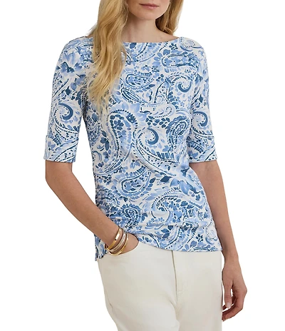 Lauren Ralph Lauren Paisley Boat Neck Elbow Cuff Sleeve Tee