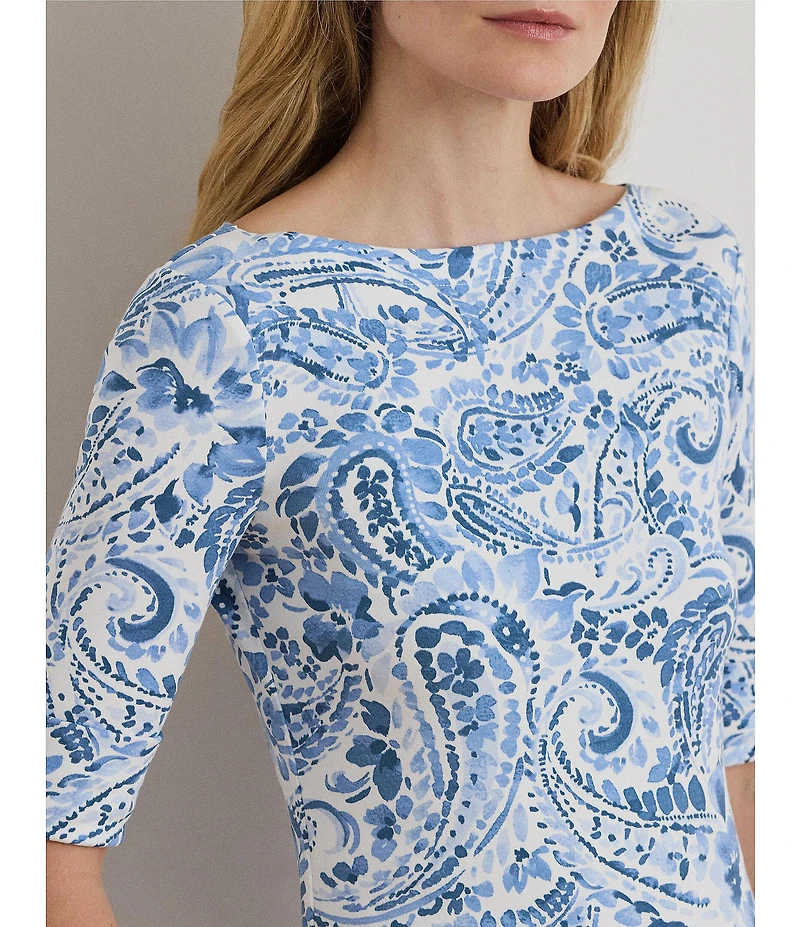 Lauren Ralph Lauren Paisley Boat Neck Elbow Cuff Sleeve Tee
