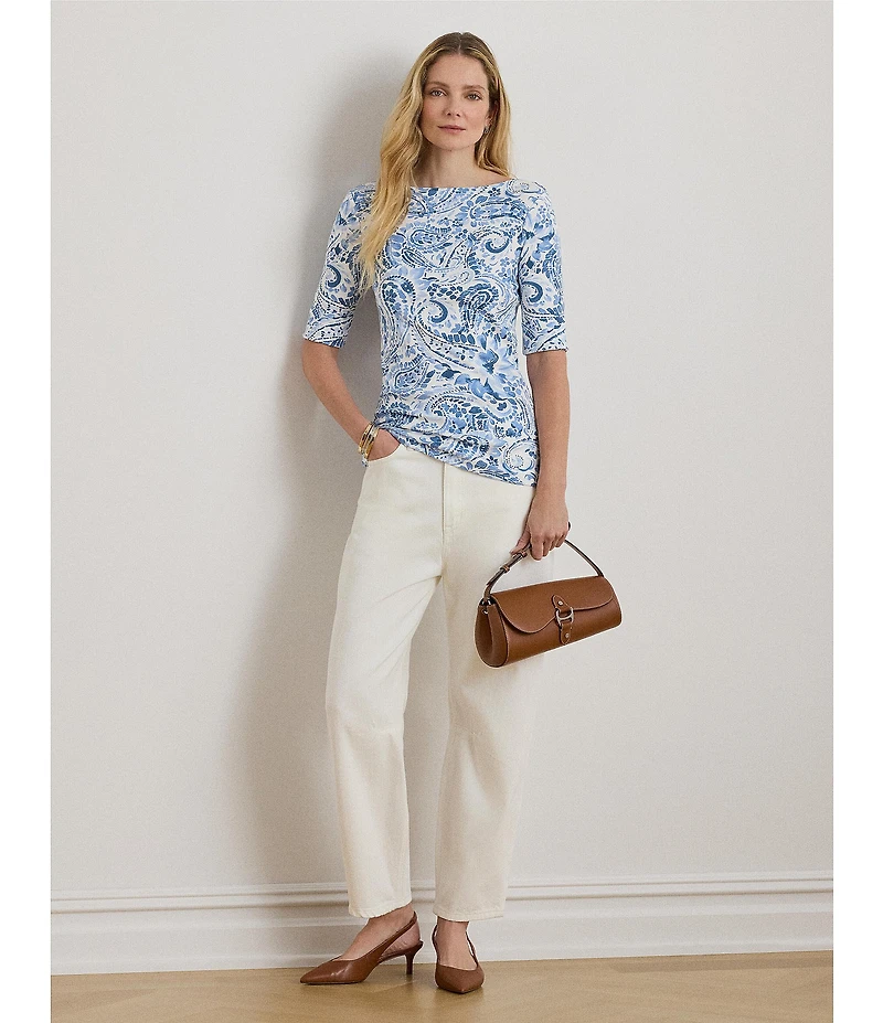 Lauren Ralph Lauren Paisley Boat Neck Elbow Cuff Sleeve Tee