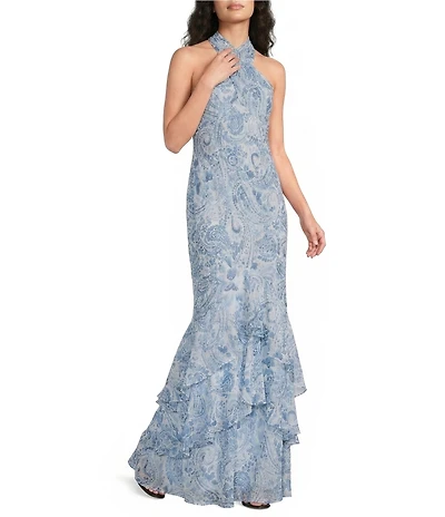 Lauren Ralph Lauren Paisley Crinkle Georgette Halter Gown
