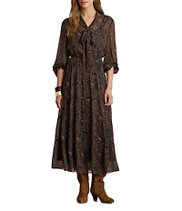 Lauren Ralph Lauren Petite Size Paisley Georgette Tie-Neck Long Blouson Sleeve A-Lie Tiered Midi Dress