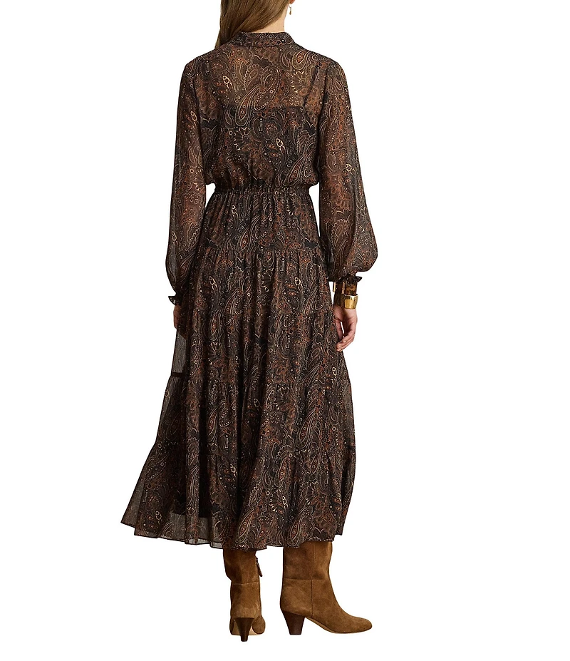 Lauren Ralph Lauren Petite Size Paisley Georgette Tie-Neck Long Blouson Sleeve A-Lie Tiered Midi Dress