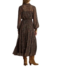 Lauren Ralph Lauren Petite Size Paisley Georgette Tie-Neck Long Blouson Sleeve A-Lie Tiered Midi Dress