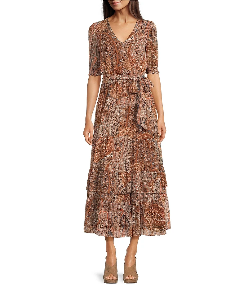 Lauren Ralph Lauren Paisley Print Belted Crinkle Georgette Dress