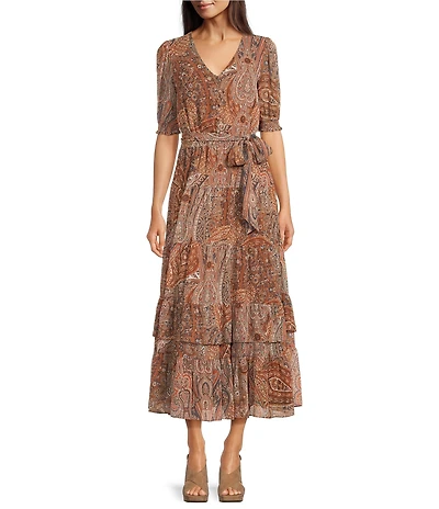 Lauren Ralph Lauren Paisley Print Belted Crinkle Georgette Dress