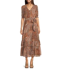 Lauren Ralph Lauren Paisley Print Belted Crinkle Georgette Dress