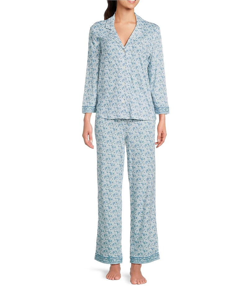 Lauren Ralph Lauren Paisley Print Border Print 3/4 Sleeve Notch Collar Knit Long Pajama Set