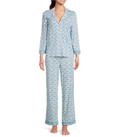 Lauren Ralph Lauren Paisley Print Border Print 3/4 Sleeve Notch Collar Knit Long Pajama Set