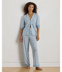 Lauren Ralph Lauren Paisley Print Border Print 3/4 Sleeve Notch Collar Knit Long Pajama Set