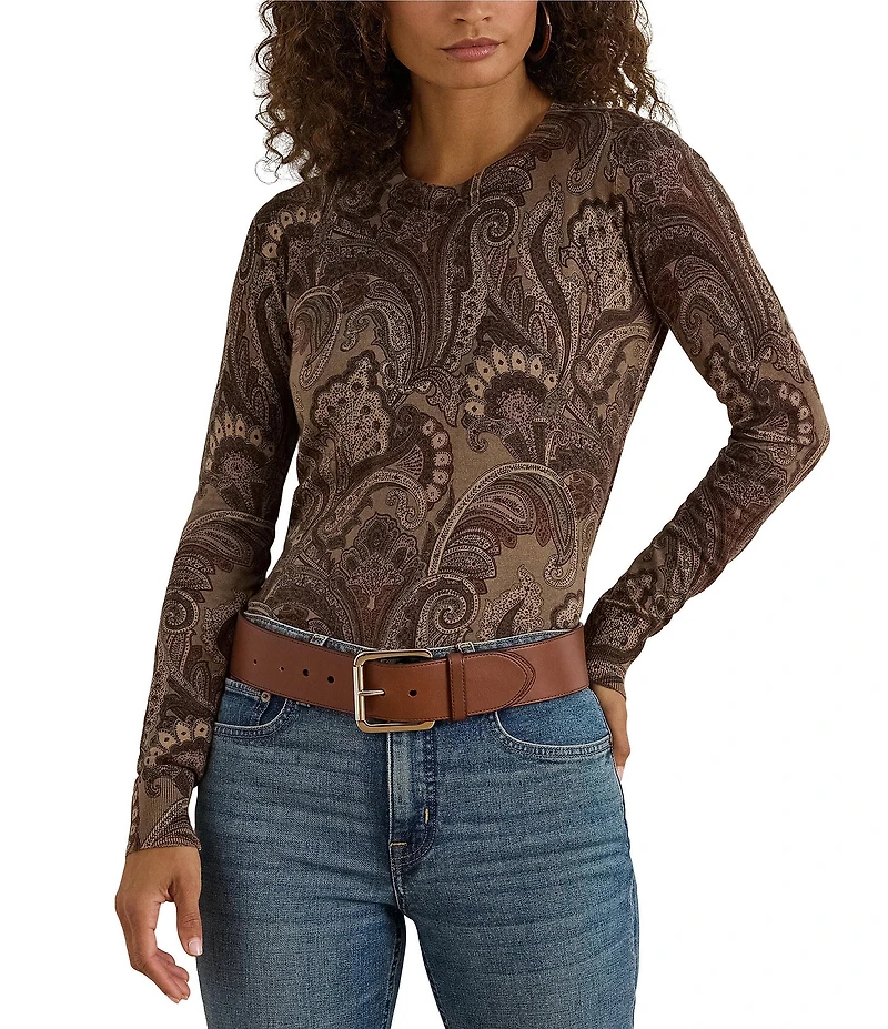 Lauren Ralph Lauren Paisley Print Cotton Blend Crew Neck Long Sleeve Sweater