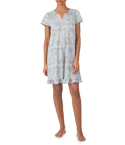 Lauren Ralph Lauren Paisley Print Double Flutter Sleeve Split Neck Knit Nightgown