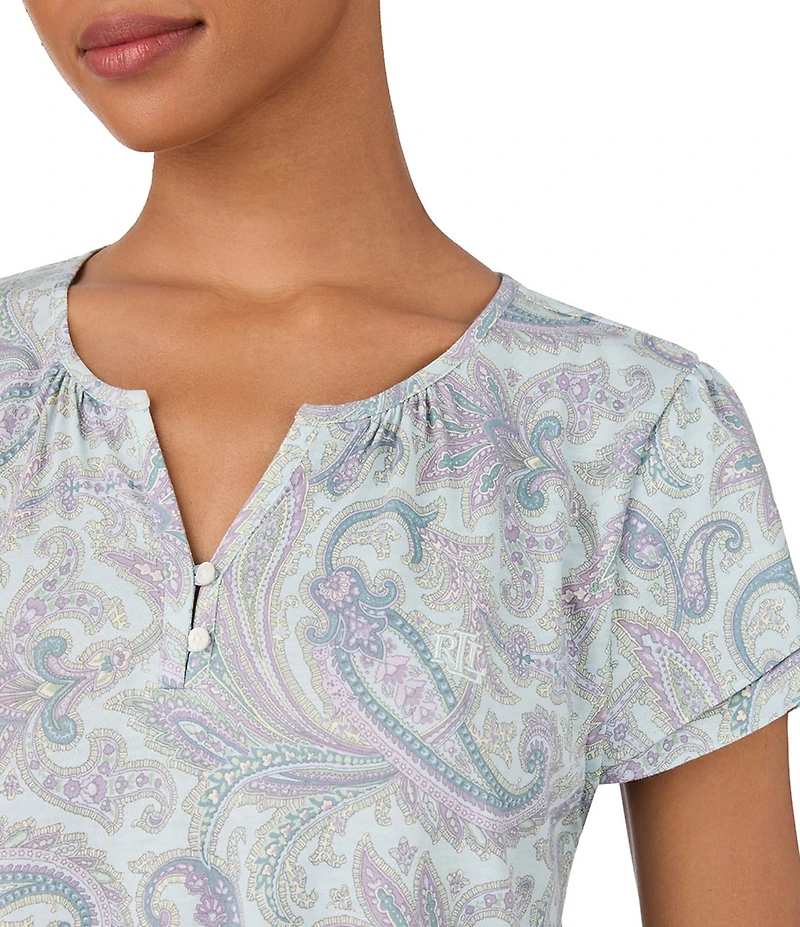 Lauren Ralph Lauren Paisley Print Double Flutter Sleeve Split Neck Knit Nightgown