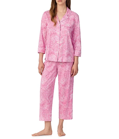 Lauren Ralph Lauren Paisley Print Jersey Knit Notch Collar 3/4 Sleeve Embroidered Pocket Capri Pajama Set