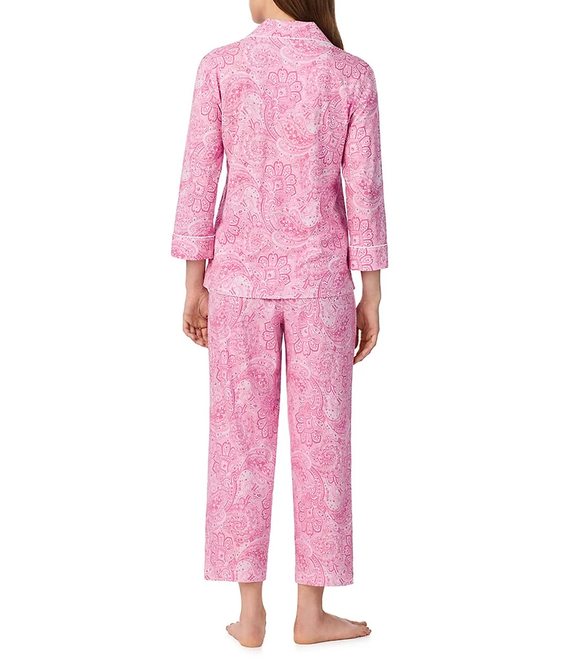 Lauren Ralph Lauren Paisley Print Jersey Knit Notch Collar 3/4 Sleeve Embroidered Pocket Capri Pajama Set