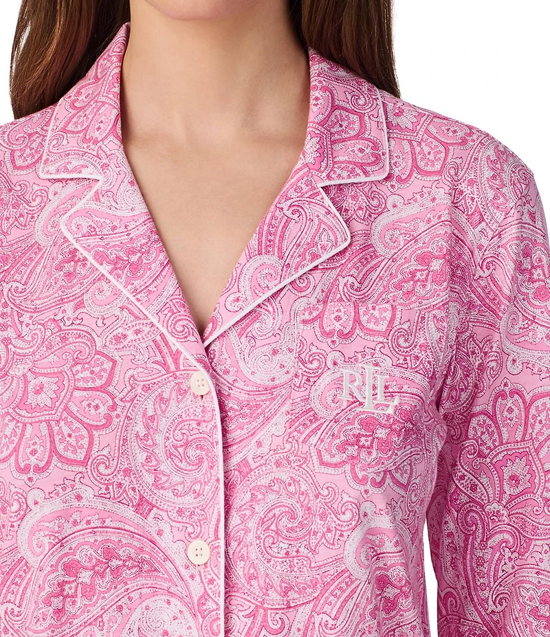 Lauren Ralph Lauren Paisley Print Jersey Knit Notch Collar 3/4 Sleeve Embroidered Pocket Capri Pajama Set