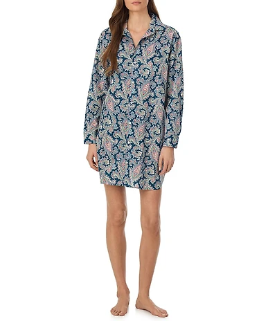 Lauren Ralph Lauren Paisley Print Long Roll Tab Sleeve Notch Collar Woven Sleepshirt