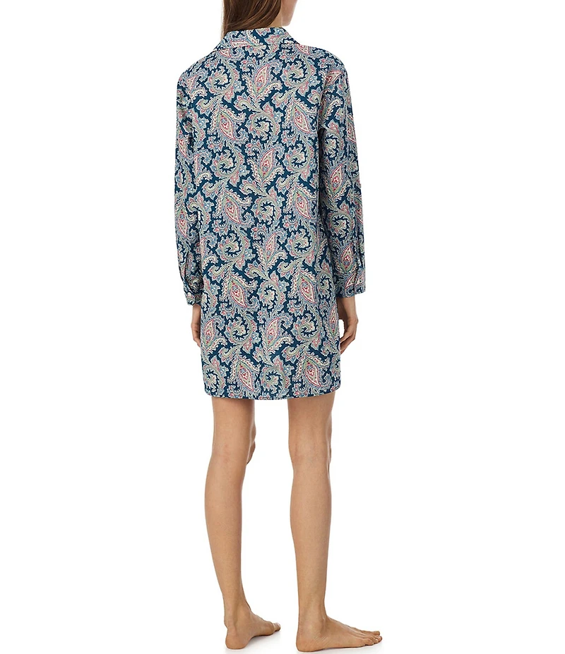 Lauren Ralph Lauren Paisley Print Long Roll Tab Sleeve Notch Collar Woven Sleepshirt