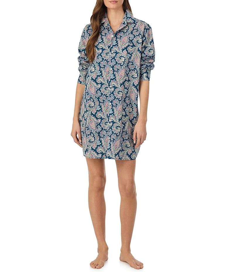 Lauren Ralph Lauren Paisley Print Long Roll Tab Sleeve Notch Collar Woven Sleepshirt