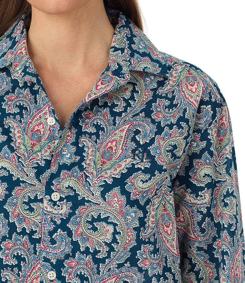 Lauren Ralph Lauren Paisley Print Long Roll Tab Sleeve Notch Collar Woven Sleepshirt