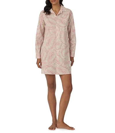 Lauren Ralph Lauren Paisley Print Long Roll Tab Sleeve Notch Collar Woven Sleepshirt