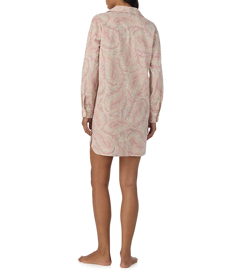 Lauren Ralph Lauren Paisley Print Long Roll Tab Sleeve Notch Collar Woven Sleepshirt