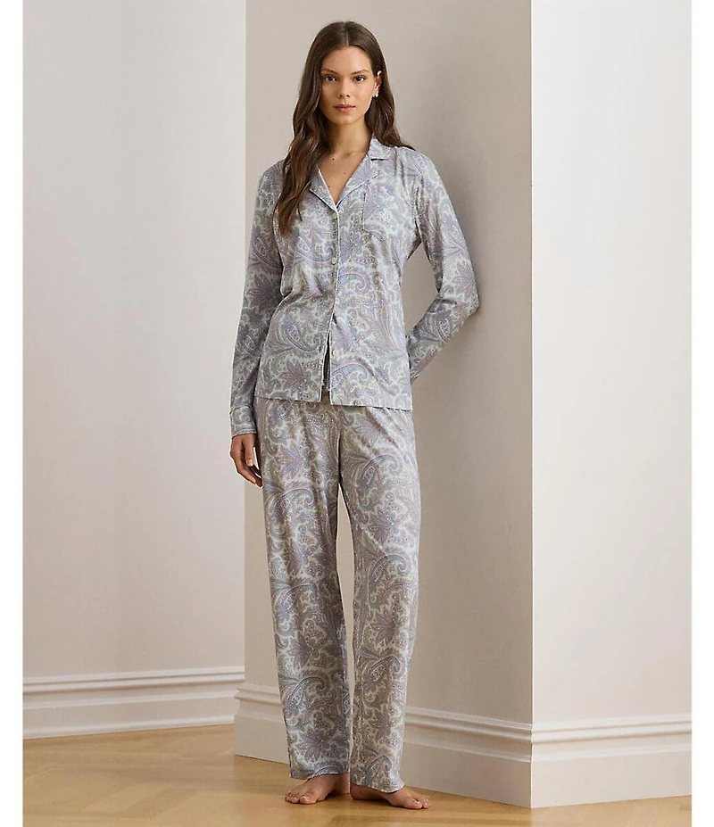 Lauren Ralph Lauren Paisley Print Long Sleeve Notch Collar Knit Pajama Set