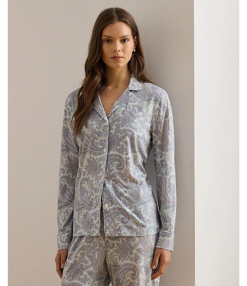 Lauren Ralph Lauren Paisley Print Long Sleeve Notch Collar Knit Pajama Set