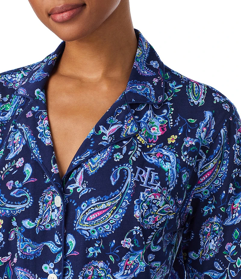 Lauren Ralph Lauren Paisley Print Long Sleeve Notch Collar Long Knit Pajama Set