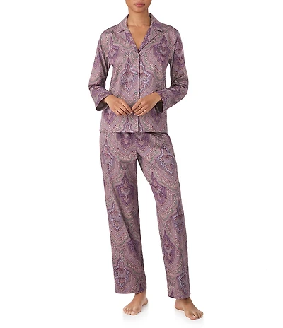 Lauren Ralph Lauren Paisley Print Long Sleeve Notch Collar Long Woven Sateen Pajama Set